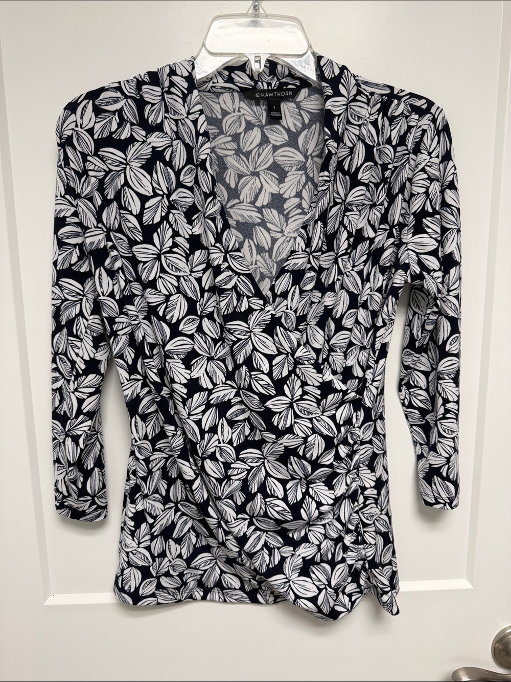 41 Hawthorn Navy  & White Leaf-Print Faux Wrap Top